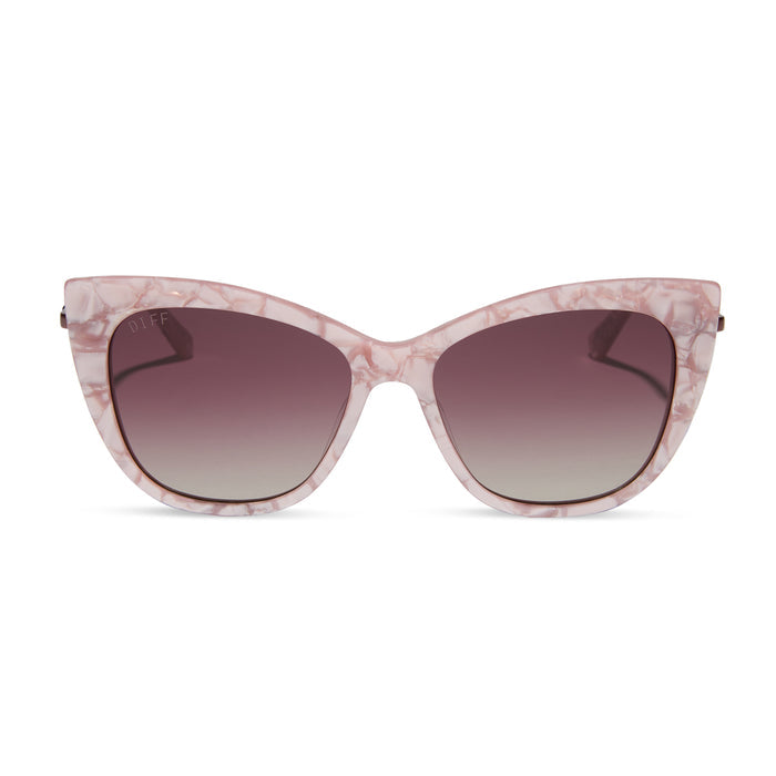 harry potter x diff eyewear featuring professor umbridge cat eye sunglasses with a pink mother of pearl frame and wine gradient lenses front view