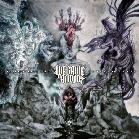 Surreal art with a central figure with a heart on its head, surrounded by abstract creatures and dark clouds. We Came As Romans and the Understanding What Weve Grown To Be CD track list are displayed across the center. Brand: We Came As Romans.