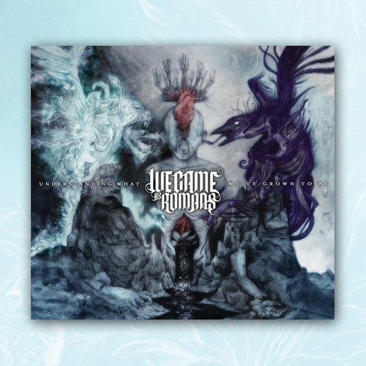 Album cover for Understanding What We’ve Grown to Be by We Came As Romans, showing surreal art with a lion and raven facing off above jagged rocks and a heart at the center, symbolizing hope.