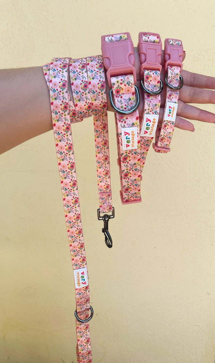 Very Vintage Designs - Garden Party - Pink Floral Flowers Recycled Collar & Leash - Dog.Dog.Cat.