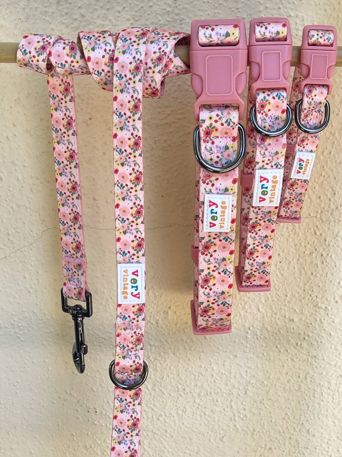 Very Vintage Designs - Garden Party - Pink Floral Flowers Recycled Collar & Leash - Dog.Dog.Cat.