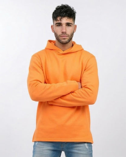 Man wearing an orange hoodie against a white background