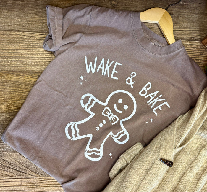 Gingerbread T-shirt, taupe, “Wake & Bake” text with cookie icing graphic