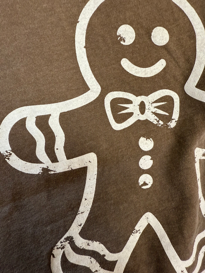 Gingerbread graphic T-shirt, brown, smiling cookie with bow tie and icing