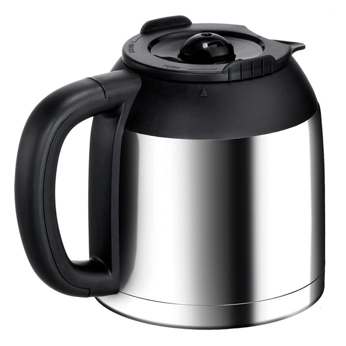 Die Unold Warmhaltekanne für KAFFEEAUTOMAT 28465 ist eine glänzende Kaffeekanne aus Edelstahl mit schwarzem Kunststoffgriff und -deckel, die über einen Ausgießer verfügt und zum Warmhalten von Getränken konzipiert ist.