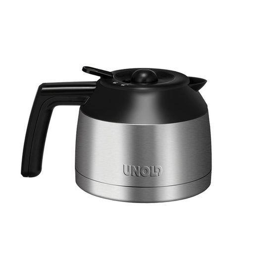Die Unold Warmhaltekanne für KAFFEEAUTOMAT Compact Thermo 28115 ist eine Kaffeekanne aus Edelstahl mit schwarzem Griff und Deckel, abgebildet auf weißem Hintergrund.
