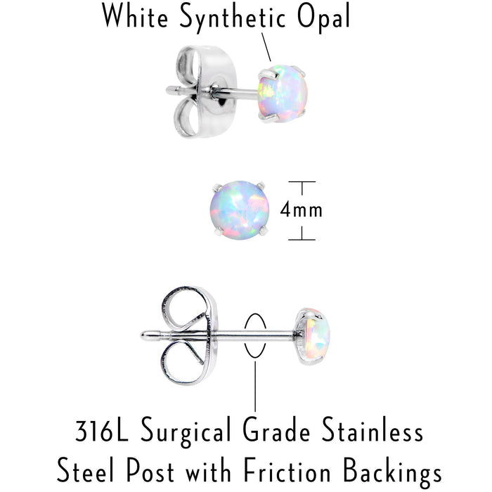 White Synthetic Opal Stainless Steel Post Stud Earring Pack Set of 3