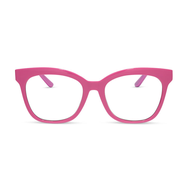 diff eyewear featuring the willa square prescription glasses with a bubble gum pink acetate frame front view