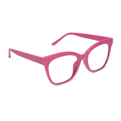 diff eyewear featuring the willa square prescription glasses with a bubble gum pink acetate frame angled view