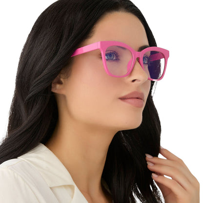 on model - female wearing diff eyewear featuring the willa square prescription glasses with a bubble gum pink acetate frame angled view