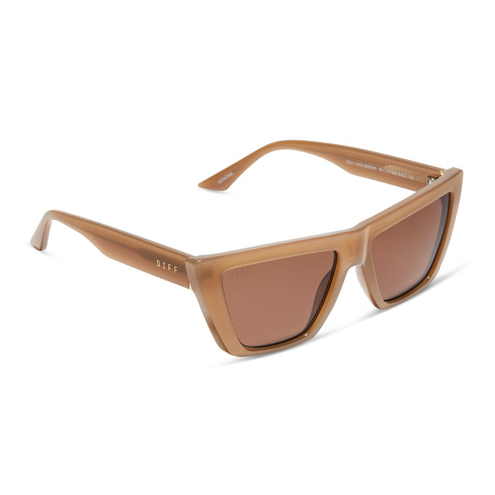 diff eyewear winona cat eye sunglasses with a milky light brown frame and brown lenses angled view