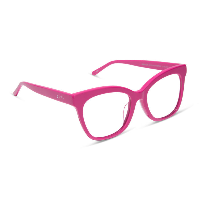 diff eyewear featuring the winston cat eye glasses with a bright pink frame angled view