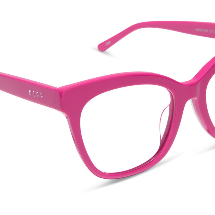 diff eyewear featuring the winston cat eye glasses with a bright pink frame detailed view
