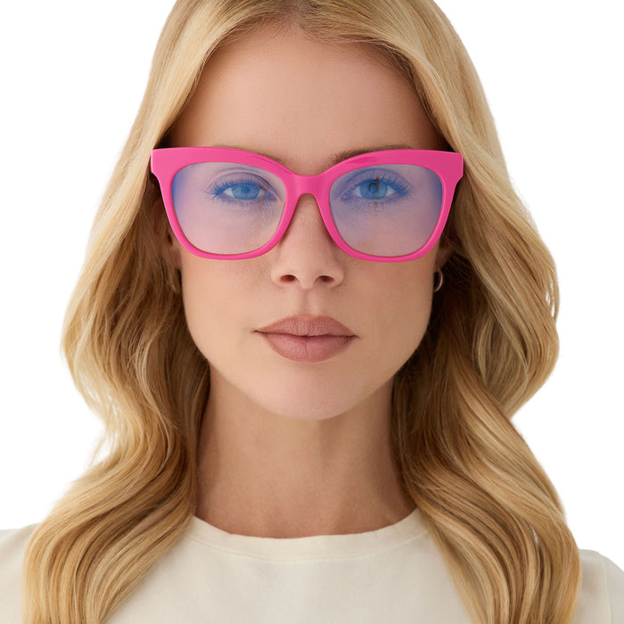diff eyewear featuring the winston cat eye blue light glasses with a bright pink acetate frame front view