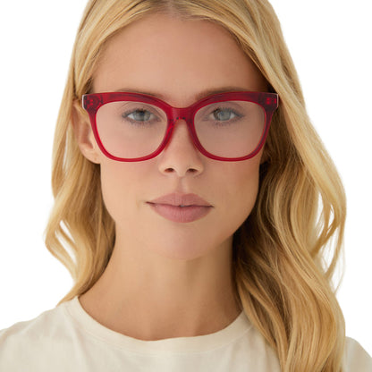 on model - blonde female wearing diff eyewear featuring the winston square prescription glasses with a red hot summer frame front view