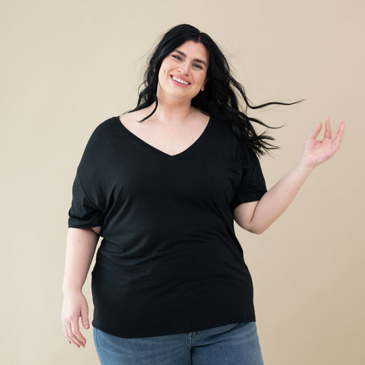Woman modeling Women’s Relaxed Fit V-Neck in Midnight