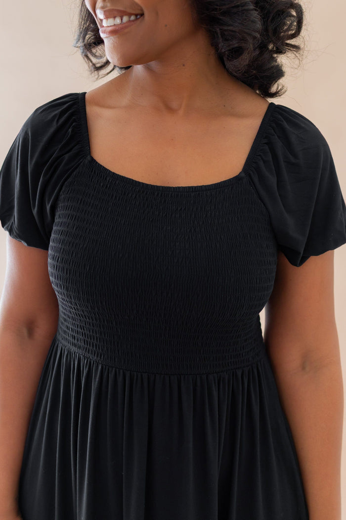 Close up of the smocked bodice on the Women’s Smocked Dress in Midnight