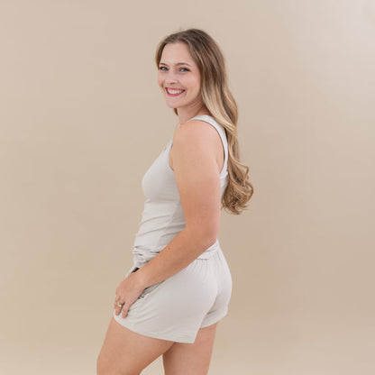 Woman modeling Women’s Tank Set in Oat showing back