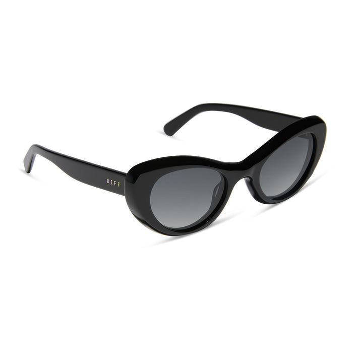 diff eyewear featuring the zaria cat eye sunglasses with a black frame and grey gradient polarized lenses angled view