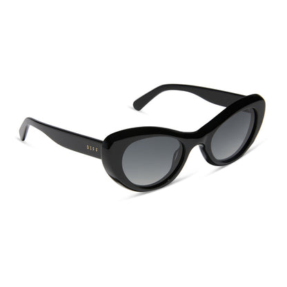 diff eyewear featuring the zaria cat eye sunglasses with a black frame and grey gradient polarized lenses angled view