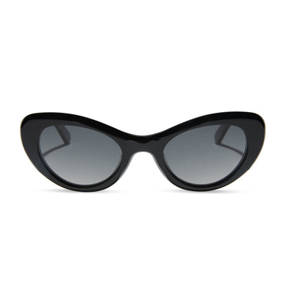 diff eyewear featuring the zaria cat eye sunglasses with a black frame and grey gradient polarized lenses front view
