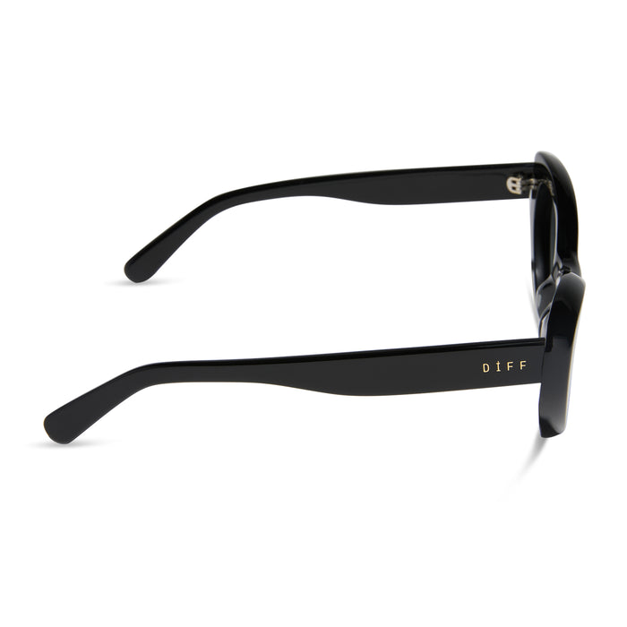 diff eyewear featuring the zaria cat eye sunglasses with a black frame and grey gradient polarized lenses side view