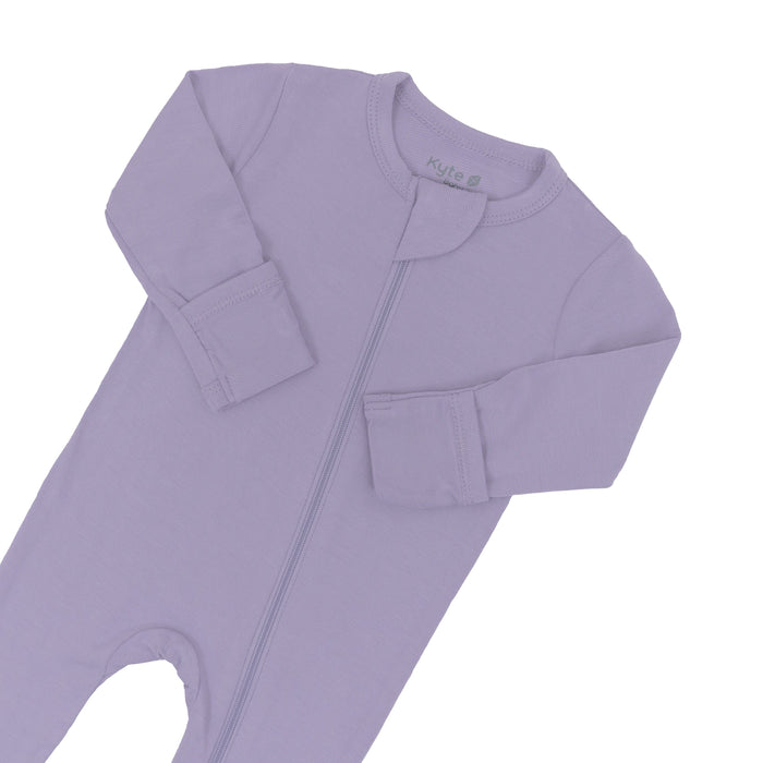 Zipper garage and fold over cuffs on the Zippered Footie in Taro