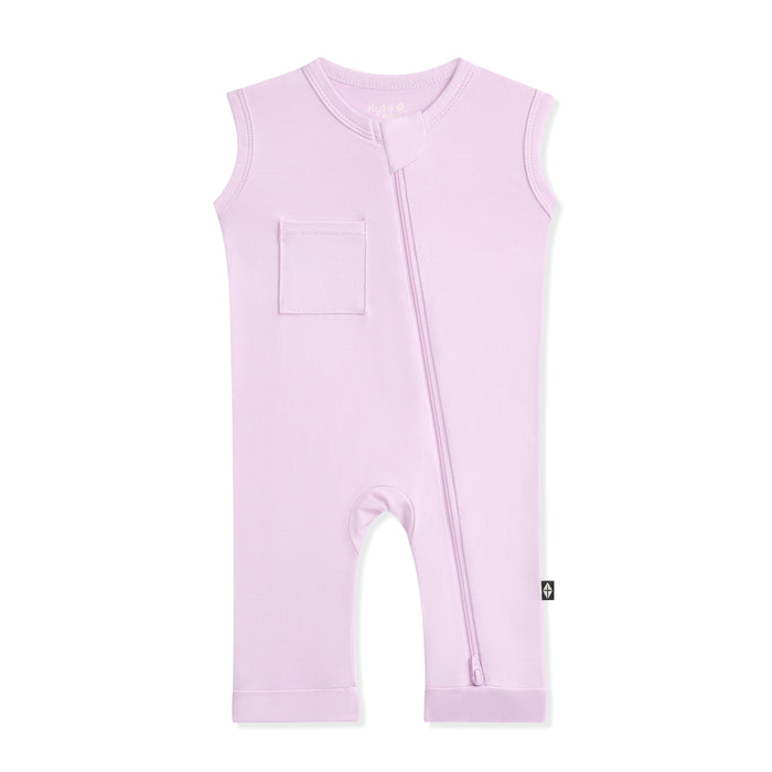 Purple sleeveless baby romper with a zipper on a white background