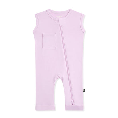 Purple sleeveless baby romper with a zipper on a white background